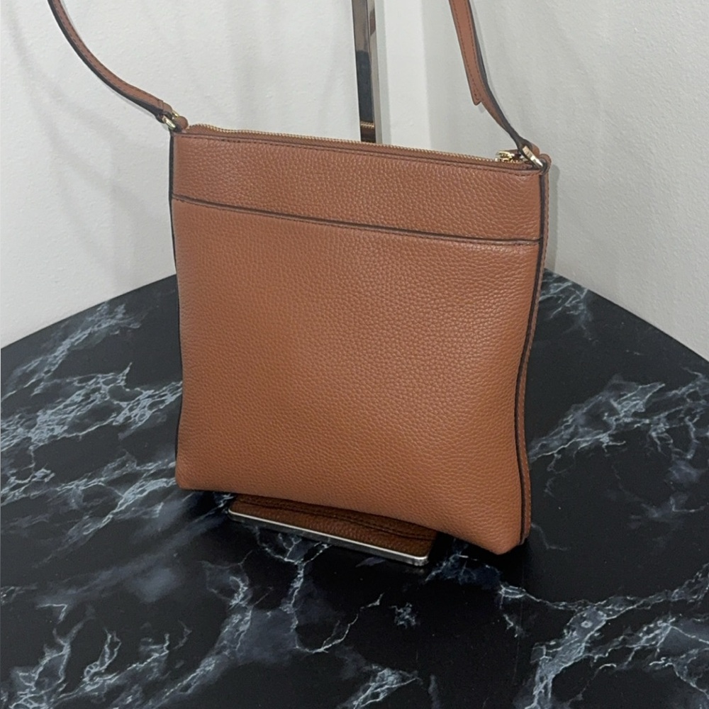 MICHAEL KORS JS Pebbled Leather Flat Crossbody Luggage Brown Bag AUTHENTIC - Picture 13 of 16